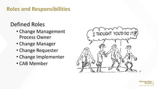 Defined Roles
• Change Management
Process Owner
• Change Manager
• Change Requester
• Change Implementer
• CAB Member
Roles and Responsibilities
 