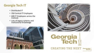 • Distributed IT
• 350 Central IT Employees
• 600 IT Employees across the
Institute
• Lots of legacy systems and
institutional knowledge
Georgia Tech IT
 