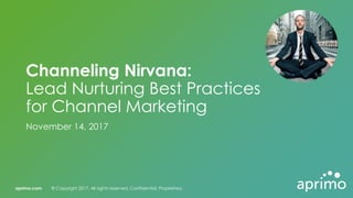aprimo.com © Copyright 2017. All rights reserved. Confidential. Proprietary.
Channeling Nirvana:
Lead Nurturing Best Practices
for Channel Marketing
November 14, 2017
 
