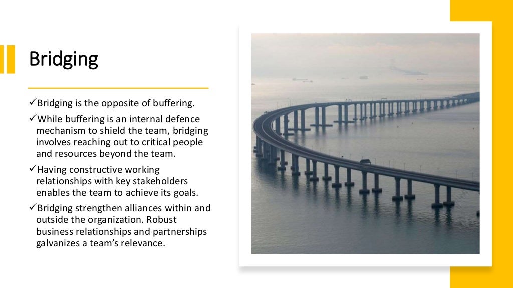 Bridging
Bridging is the opposite of buffering.
While buffering is an internal defence
mechanism to shield the team, bridging
involves reaching out to critical people
and resources beyond the team.
Having constructive working
relationships with key stakeholders
enables the team to achieve its goals.
Bridging strengthen alliances within and
outside the organization. Robust
business relationships and partnerships
galvanizes a team’s relevance.
 
