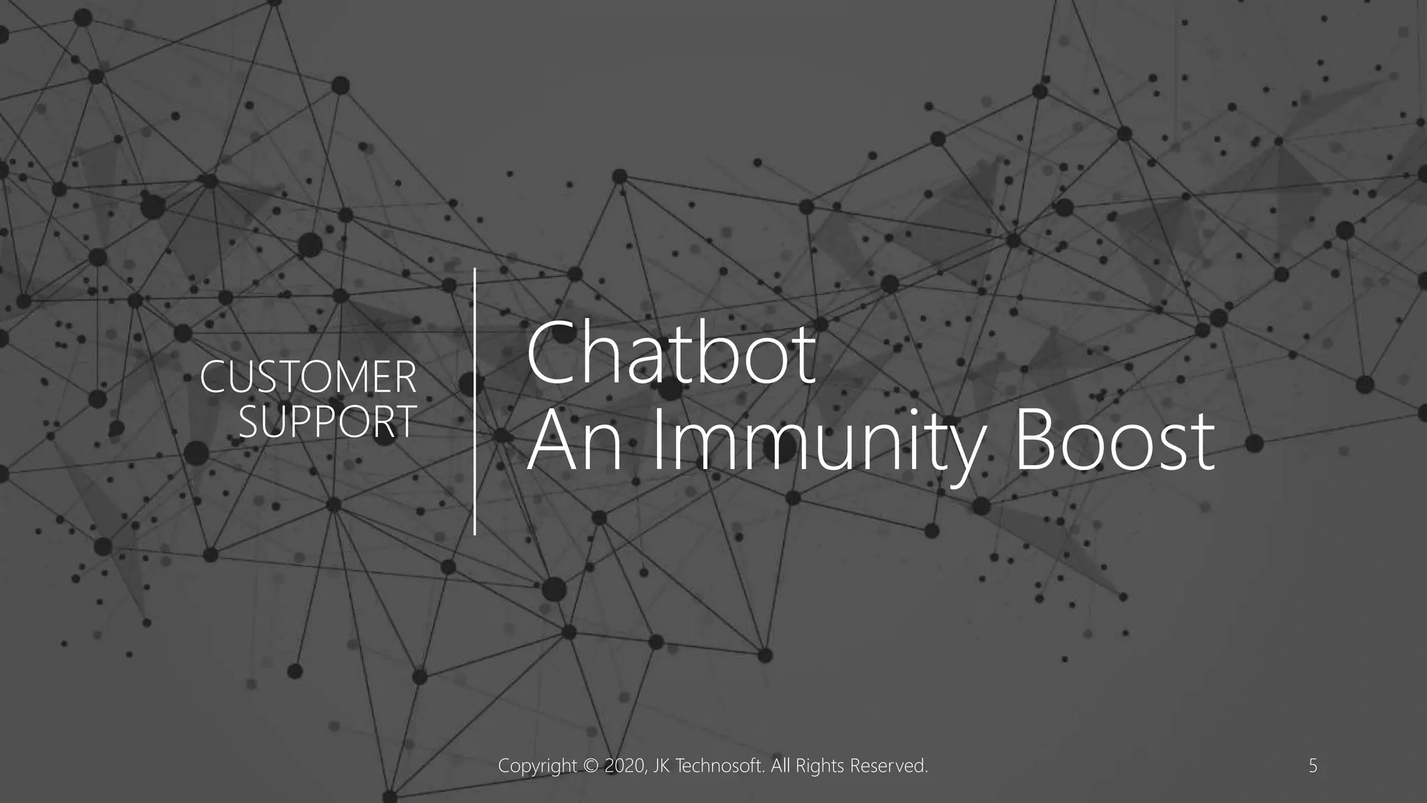 Chatbot
An Immunity Boost
CUSTOMER
SUPPORT
Copyright © 2020, JK Technosoft. All Rights Reserved. 5
 