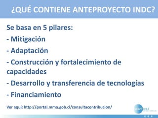 ¿QUÉ CONTIENE ANTEPROYECTO INDC?
Se basa en 5 pilares:
- Mitigación
- Adaptación
- Construcción y fortalecimiento de
capacidades
- Desarrollo y transferencia de tecnologías
- Financiamiento
Ver aquí: http://portal.mma.gob.cl/consultacontribucion/
 