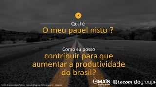 Qual é
O meu papel nisto ?
Como eu posso
contribuir para que
aumentar a produtividade
do brasil?
Fonte: Empreendedor Público - GovLab (Elogroup, MAiS e Lecom) - Adaptado
 
