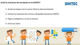 1. Acude al campus con tu asesor (lleva tu documentación)
2. Conoce tus opciones de carreras y Respaldo Económico UNITEC
3. Paga tu colegiatura y arma tu horario
4. Inicia tus clases
¿Cuál es el proceso de inscripción en la UNITEC?
 