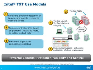 Intel® TXT Use Models
                                                                                     Trusted Pools
                                                                               2
     1
         Hardware enforced detection of
         launch components —reduces
         malware threat                                       Trusted Launch –
                                                         1    Verified platform
                                                              integrity
     2 Enforce control of VMs based
                                                                                               Internet
         on platform trust (and more)
         to better protect data


     3 Hardware support for
         compliance reporting
                                                              Compliance Support – enhancing
                                                         3    auditability of cloud environment



         Powerful Benefits: Protection, Visibility and Control

                            *Other names and brands may be claimed as the property of others


10                                www.intel.com/go/txt
 