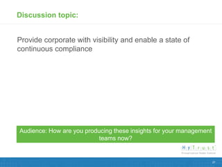 Discussion topic:


Provide corporate with visibility and enable a state of
continuous compliance




Audience: How are you producing these insights for your management
                           teams now?


                                                                     21
 