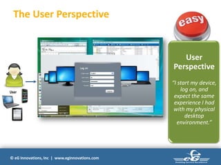 © eG Innovations, Inc | www.eginnovations.com
User
User
Perspective
“I start my device,
log on, and
expect the same
experience I had
with my physical
desktop
environment.”
The User Perspective
 