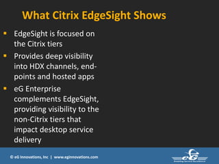© eG Innovations, Inc | www.eginnovations.com
Network Web on
XenServer
Active Directory
SQL
XenApp on
VMware ESXZDC on
VMware ESX
License Server
Profile Server
Enterprise
Apps
vCenterOracle
Client
SAN
Switch
 EdgeSight is focused on
the Citrix tiers
 Provides deep visibility
into HDX channels, end-
points and hosted apps
 eG Enterprise
complements EdgeSight,
providing visibility to the
non-Citrix tiers that
impact desktop service
delivery
ZDC
XenApp
License Server
What Citrix EdgeSight Shows
 