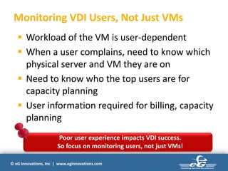© eG Innovations, Inc | www.eginnovations.com
Monitoring VDI Users, Not Just VMs
 Workload of the VM is user-dependent
 When a user complains, need to know which
physical server and VM they are on
 Need to know who the top users are for
capacity planning
 User information required for billing, capacity
planning
Poor user experience impacts VDI success.
So focus on monitoring users, not just VMs!
 