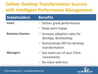 © eG Innovations, Inc | www.eginnovations.com
Deliver Desktop Transformation Success
with Intelligent Performance Management
Stakeholders Benefits
Users  Deliver great performance
 Keep users happy
Business Owners  Increase adoption rates for
XenApp, XenDesktop
 Demonstrate ROI for desktop
transformation
Managers  Get more out of your Citrix
investments
 Do more with less
 