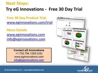 © eG Innovations, Inc | www.eginnovations.com
Next Steps:
Try eG Innovations - Free 30 Day Trial
Free 30 Day Product Trial
www.eginnovations.com/trial
More Details
www.eginnovations.com
info@eginnovations.com
Contact eG Innovations
+1.732.794.1259 (US)
www.eginnovations.com
info@eginnovations.com
 