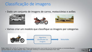 Pág.
Classificação de imagens
• Dado um conjunto de imagens de carros, motocicletas e aviões
• Vamos criar um modelo que classifique as imagens por categorias
Fonte: Caltech 101 L. Fei-Fei, R. Fergus and P. Perona.Learning generative visual models from few training examples: an incremental Bayesian
approach tested on 101 object categories. IEEE. CVPR 2004, Workshop on Generative-Model Based Vision. 2004
http://www.vision.caltech.edu/Image_Datasets/Caltech101/
Algoritmo
classificador de
imagens
Motorbike
5
 