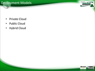 Deployment Models



  • Private Cloud
  • Public Cloud
  • Hybrid Cloud
 