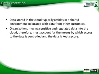 Data Protection



  • Data stored in the cloud typically resides in a shared
    environment collocated with data from other customers.
  • Organizations moving sensitive and regulated data into the
    cloud, therefore, must account for the means by which access
    to the data is controlled and the data is kept secure.
 