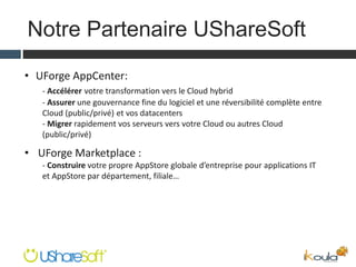 Notre Partenaire UShareSoft
• UForge AppCenter:
- Accélérer votre transformation vers le Cloud hybrid
- Assurer une gouvernance fine du logiciel et une réversibilité complète entre
Cloud (public/privé) et vos datacenters
- Migrer rapidement vos serveurs vers votre Cloud ou autres Cloud
(public/privé)
• UForge Marketplace :
- Construire votre propre AppStore globale d’entreprise pour applications IT
et AppStore par département, filiale…
 