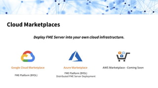 Cloud Marketplaces
Deploy FME Server into your own cloud infrastructure.
FME Platform (BYOL)
FME Platform (BYOL)
Distributed FME Server Deployment
 