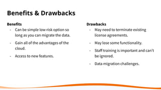 Beneﬁts & Drawbacks
Benefits
- Can be simple low risk option so
long as you can migrate the data.
- Gain all of the advantages of the
cloud.
- Access to new features.
Drawbacks
- May need to terminate existing
license agreements.
- May lose some functionality.
- Staﬀ training is important and can’t
be ignored.
- Data migration challenges.
 