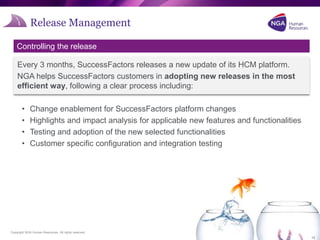 Copyright NGA Human Resources. All rights reserved.
Release Management
13
Controlling the release
Every 3 months, SuccessFactors releases a new update of its HCM platform.
NGA helps SuccessFactors customers in adopting new releases in the most
efficient way, following a clear process including:
• Change enablement for SuccessFactors platform changes
• Highlights and impact analysis for applicable new features and functionalities
• Testing and adoption of the new selected functionalities
• Customer specific configuration and integration testing
13
13
 