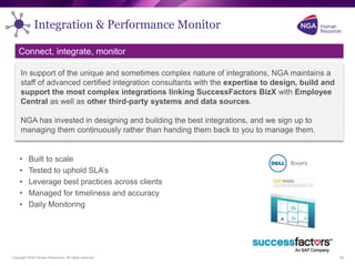 Copyright NGA Human Resources. All rights reserved.
• Built to scale
• Tested to uphold SLA’s
• Leverage best practices across clients
• Managed for timeliness and accuracy
• Daily Monitoring
15
In support of the unique and sometimes complex nature of integrations, NGA maintains a
staff of advanced certified integration consultants with the expertise to design, build and
support the most complex integrations linking SuccessFactors BizX with Employee
Central as well as other third-party systems and data sources.
NGA has invested in designing and building the best integrations, and we sign up to
managing them continuously rather than handing them back to you to manage them.
Connect, integrate, monitor
Integration & Performance Monitor
 