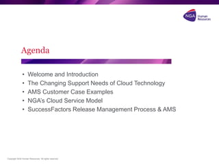 Copyright NGA Human Resources. All rights reserved.
15 May 2013
Copyright NGA Human Resources. All rights reserved.
Agenda
• Welcome and Introduction
• The Changing Support Needs of Cloud Technology
• AMS Customer Case Examples
• NGA’s Cloud Service Model
• SuccessFactors Release Management Process & AMS
 