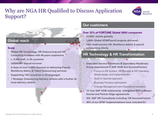 Copyright NGA Human Resources. All rights reserved.
Scale
• Global HR Technology, HR Outsourcing and HR
Consulting business with 46-years experience
• c. 8,500 staff in 35 countries
• US$800M+ annual turnover
• A team of over 5,000+ focused on delivering Payroll,
Workforce Admin & Talent Outsourcing services
• Supporting 145+ countries in 25 languages
• 7 Strategic Outsourcing Delivery centres with a further 20
local delivery centres
Global reach
Over 25% of FORTUNE Global 500® companies
• 12,000+ clients globally
• 1,000+ Global HCM/Payroll projects delivered
• 150+ multi-country HR, Workforce Admin & payroll
outsourcing clients
Our customers
• Dedicated Service Readiness & Operations Readiness
Group experienced in SAP HCM and SuccessFactors
• Focus on HR System, HR Process & HR Operating
Model design and implementation
• Build to Operate approach
• Business Process optimization
• Change Management and Operational transition
• 12 Year SAP HCM relationship with global BPO software
license and Partner Edge agreements
• 525 SAP HR Consultants including 150 SuccessFactors
• 40% of our SFSF implementations have included EC
HR Technology & HR Transformation
Why are NGA HR Qualified to Discuss Application
Support?
4
 