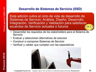 Vistazo general CM M I -SVC

                                         Desarrollo de Sistemas de Servicio (SSD)

                                Esta adición cubre el ciclo de vida de desarrollo de
                                Sistemas de Servicio: Análisis, Diseño, Desarrollo,
                                Integración, Verificación y Validación para satisfacer
                                acuerdos de Servicio actuales o futuros                ML3

                                • Desarrollar los requisitos de los stakeholders para el Sistema de
                                  Servicio
                                • Evaluar y seleccionar alternativas de solucion
                                • Construir o componer Sistemas de Servicio
                                • Verificar y validar que cumplen con las expectativas
Procesix 2010




                                   Copyright Procesix Inc. Cualquier copia u otro uso debe ser autorizado expresamente por Procesix Inc.   26
 