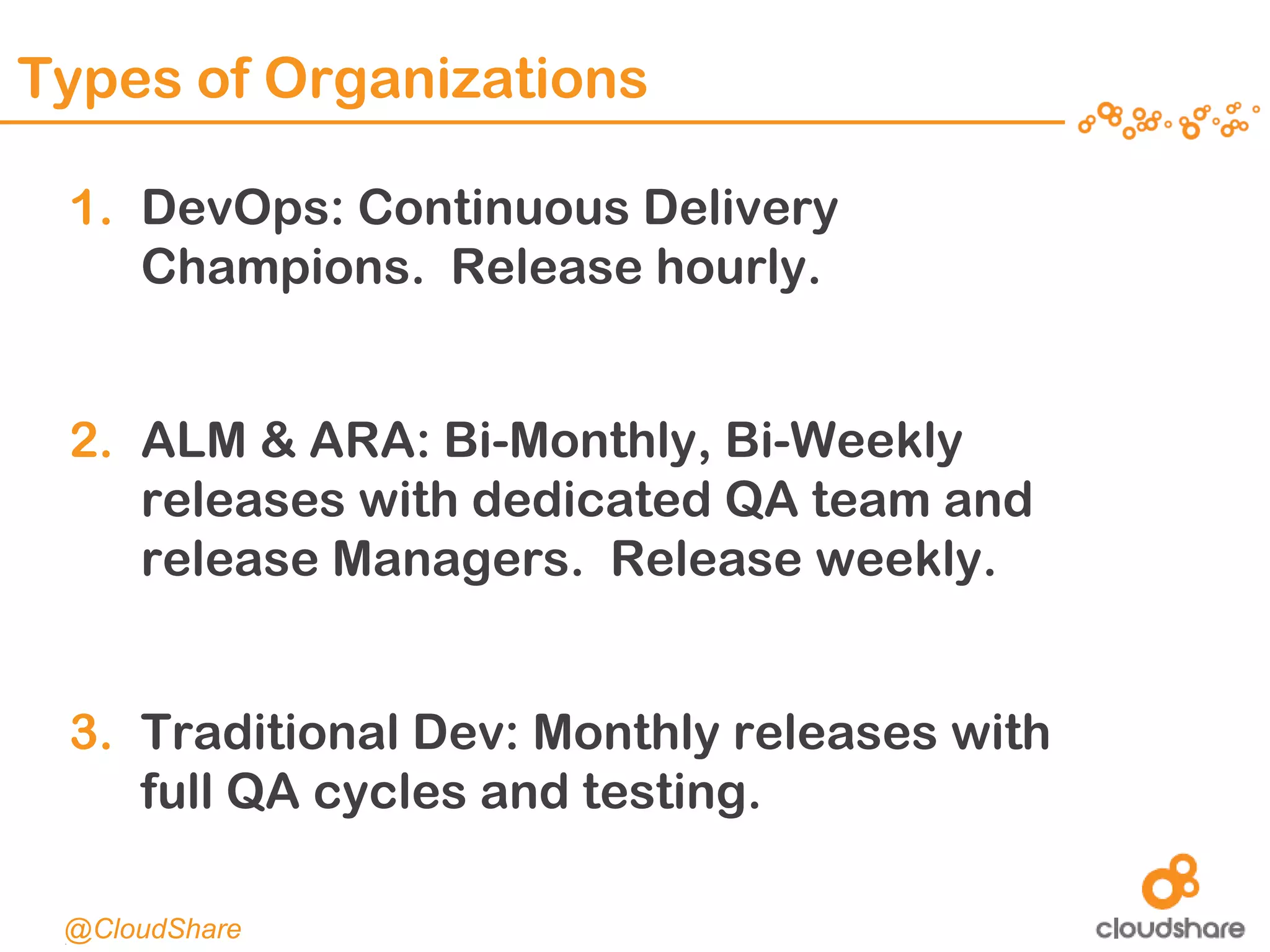 CONFIDENTIAL|7
Types of Organizations
1. DevOps: Continuous Delivery
Champions. Release hourly.
2. ALM & ARA: Bi-Monthly, Bi-Weekly
releases with dedicated QA team and
release Managers. Release weekly.
3. Traditional Dev: Monthly releases with
full QA cycles and testing.
@CloudShare
 
