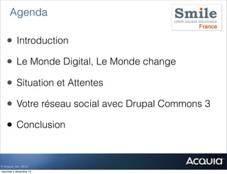 Agenda

    • Introduction
    • Le Monde Digital, Le Monde change
    • Situation et Attentes
    • Votre réseau social avec Drupal Commons 3
    • Conclusion


© Acquia, Inc. 2012.
mercredi 5 décembre 12
 