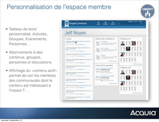 Personnalisation de l’espace membre


    • Tableau de bord
        personnalisé: Activités,
        Groupes, Evènements,
        Personnes…

    • Abonnements à des
        contenus, groupes,
        personnes et discussions

    • Afﬁchage du «contenu actif»
        permet de voir les membres
        des communautés dont le
        contenu est intéressant à
        l’instant T…
                                     Users work the way they want with dashboards




mercredi 5 décembre 12
 