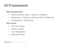 Copyright © 2015 ForgeRock, all rights reserved. 18
UI Framework
Key Components
 jQuery (General utility) + jQuery UI (Widgets)
 Backbone.js + Require.js (Modular MVC Architecture)
 Handlebars.js (Templating)
Use Cases
 End User Pages
 Admin Console
 User Registration
 Password Reset
 