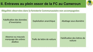 II. Entraves au plein essor de la FC au Cameroun
Illégalités observées dans la foresterie Communautaire non accompagnées
Falsification des données
d’inventaires
Exploitation anarchique Abattage sous diamètre
Absence ou mauvais
marquage des arbres
abattus
Trafic de lettre de voiture
Falsification des lettres de
voiture
 