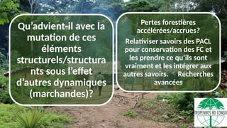 Qu’advient-il avec la
mutation de ces
éléments
structurels/structura
nts sous l’effet
d’autres dynamiques
(marchandes)?
Pertes forestières
accélérées/accrues?
Relativiser savoirs des PACL
pour conservation des FC et
les prendre ce qu’ils sont
vraiment et les intégrer aux
autres savoirs. Recherches
avancées
 
