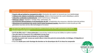 • Progrès sctfq qui prétend au monopole de vérité: dévaluation des savoirs ne recourant pas à son épistémologie
• L’influence des religions à prétention universalisante: dédain et bannissement des savoirs (diaboliques, païens)
• L’éducation occidentale/occidentalisante: savoirs trad & locaux= rétrogrades
• Métissage culturel: migrations, mariage mixte, urbanisation, etc.
• Accroissement démographique et marchandisation des RN: surexploitation des ressources, réduction durée des jachères
• Mécanismes de transmission des savoirs trad & locaux lourdement touchés: dépositaires ne plus écoutés par nlles
générations tournées vers les nlles technologies et la science
Affaissement des savoirs traditionnels & locaux
• Les FC des PACL sont +/- mieux préservées à cause de leur mode de vie qui est d’ailleurs en pleine mutation
• Taux plus élevé au Cameroun où la sollicitation est plus forte
• Résultats de la récente étude de Ebuteli au Sud-Kivu (PNKB)
• Concilier les savoirs trad. Locaux aux savoirs stfq en créant des ponts de communication, de dialogue, d’intégration et
de coopération
• Il faut des études pour avoir dvantage des données sur les dynamiques des FC et mieux les comprendre
Si rien n’est fait, ces dynamiques font s’accélérer et les forêts des PACL subiront de plein fouet la
destruction à grande échelle
 