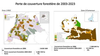 - Couverture forestière en 2000 : 34.061.869
ha
- Perte couverture forestière 2003-2023 : 2.382.720 ha
- Ratio : 7%
Perte de couverture forestière de 2003-2023
- Couverture forestière en 2000 : 1.989.846 ha
- Perte couverture forestière 2003-2023 : 121.936 ha
- Ratio : 6%
Zone 1/RDC Zone 2/Cameroun
 