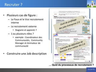 Recruter ?

• Plusieurs cas de figure :
   – Le Faux et le Vrai recrutement
     interne
   – Le recrutement externe
       • Stagiaire et apprenti ?
   – 1 ou plusieurs rôles ?
       • exemple : Coordinateur des
         Communautés, Community
         Manager et Animateur de
         communauté


• Construire une Job description


                                      … Quid du processus de recrutement ?
 