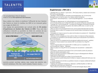 Expériences « RH 2.0 »
                                                                   • Stratégie RH 2.0, actions « quick wins », RH Camp interne, création de la fonction
                                                                   HR Community Manager.
14 consultant(e)s, Paris & Genève                                  • Stratégie, méthodologie et formation-accompagnement de 15 community
Filiale du Groupe Des Systèmes & des Hommes.                       Managers pour la mise en place d’un réseau social d’entreprise
                                                                   • Formations intra-entreprise au « Community Management » et à la méthode
                                                                   SI2C
Nous aidons nos clients à améliorer l’efficacité de leur Gestion   • Stratégie de déploiement, kit méthodologique et accompagnement de
des Talents en tirant le meilleur du SIRH et en innovant grâce     communautés pilotes pour la filière RH dans une grande entreprise internationale.
                                                                   • Cadrage de 2 communautés RH : Formation de managers et diversité (Finance)
aux usages du Web 2.0.                                             • Benchmarking de solutions de gestion des talents (LMS) avec un zoom sur les
Une équipe de passionné(e)s qui cumule près de 50 années           fonctionnalités 2.0 (finance)
d’expériences en Gestion des Talents et SIRH. Tous sont des        • Mise en place et accompagnement d’une communauté internationale de Hauts
                                                                   Potentiels dans le cadre d’un programme de transformation d’entreprise (Groupe
utilisateurs intensifs au quotidien du Web 2.0, certains de nos    Industriel)
consultants sont des pionniers et experts reconnus en France.      • Conception et mise en œuvre d’un plan de formation à la solution 2.0 : SharePoint
                                                                   MOSS7 (Travaux Publics)
                                                                   • Définition d’une stratégie pour tirer profit du Web 2.0 (Cabinet de Recrutement)
                                                                   • Conception et animation d’une formation‐action pour le lancement d’une WebTV
                                                                   RH (Cosmétiques)
                                                                   • Mise en œuvre d’un programme de recrutement relationnel innovant : système
                                                                   d’incentive, mise en place d’une solution ASP et animation d’un blog RH, …
                                                                   (Intérim)
                                                                   • Etude d’opportunités d’innovations RH 2.0 telles que la e‐cooptation, les
                                                                   communautés de Talents… (Banque)
                                                                   • Mise en place d’un blog RH et d’un processus de recrutement « collaboratif »
                                                                   (SSII)
                                                                   • Conception, lancement et animation d’une communauté ouverte de plusieurs
                                                                   milliers de talents (jobmeeters.com)
                                                                   • Mise en œuvre de processus collaboratifs 2.0 pour le développement offshore
                                                                   d’applications (BaseCamp)
                                                                   • Animation de séminaires sur le Web 2.0 et la fonction RH
                                                                   • Nous proposons systématiquement d’utiliser un espace collaboratif client pour nos
                                                                   missions.
                                                                   • L’équipe talentys est animée au quotidien à travers un espace collaboratif utilisant
ALCATEL-LUCENT, ALSTOM, AREVA, AXA, CAISSE DES DEPOTS, SFR,        la solution blueKiwi.
SOCIETE GENERALE, PPR, PWC, SAINT-GOBAIN, THALES, VALEO,…          • Talentys est partenaire Confluence / Atlassian, certifiée blueKiwi, et S&H est
                                                                   certifiée Microsoft Gold pour SharePoint.
                                                                   • Nous utilisons activement les usages 2.0 et les technologies depuis 2004
 