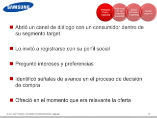 Informaci
                                                        Website                  Email
                                                                     ón de                 Social
                                                         Visitor               Behavior
                                                                    compras               Login in
                                                        Tracking               Trackimg
                                                                    pasadas




   Abrió un canal de diálogo con un consumidor dentro de
    su segmento target

   Lo invitó a registrarse con su perfil social

   Preguntó intereses y preferencias

   Identificó señales de avance en el proceso de decisión
    de compra

   Ofreció en el momento que era relavante la oferta

© 2012 IGNI / TODOS LOS DERECHOS RESERVADOS / IGNI.MX                                         28
 