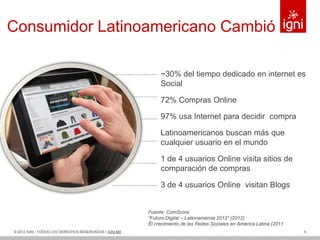 Consumidor Latinoamericano Cambió

                                                             ~30% del tiempo dedicado en internet es
                                                             Social

                                                             72% Compras Online

                                                             97% usa Internet para decidir compra

                                                             Latinoamericanos buscan más que
                                                             cualquier usuario en el mundo

                                                             1 de 4 usuarios Online visita sitios de
                                                             comparación de compras

                                                             3 de 4 usuarios Online visitan Blogs


                                                        Fuente: ComScore
                                                        “Futuro Digital – Lationamércia 2012” (2012)
                                                        Ël crecimiento de las Redes Sociales en América Latina (2011
© 2012 IGNI / TODOS LOS DERECHOS RESERVADOS / IGNI.MX                                                                  5
 