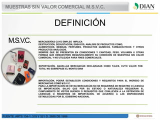 DEFINICIÓN
M.S.V.C.
FUENTE. ARTS 134-1, 319 Y 321 D. 2685 DE 1999
MUESTRAS SIN VALOR COMERCIAL M.S.V.C.
MERCADERÍAS CUYO E...