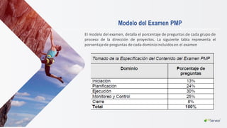 Modelo del Examen PMP
El modelo del examen, detalla el porcentaje de preguntas de cada grupo de
proceso de la dirección de proyectos. La siguiente tabla representa el
porcentajede preguntas de cada dominioincluidosen el examen
 