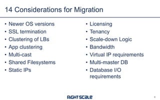 • Newer OS versions
• SSL termination
• Clustering of LBs
• App clustering
• Multi-cast
• Shared Filesystems
• Static IPs
14 Considerations for Migration
8
• Licensing
• Tenancy
• Scale-down Logic
• Bandwidth
• Virtual IP requirements
• Multi-master DB
• Database I/O
requirements
 