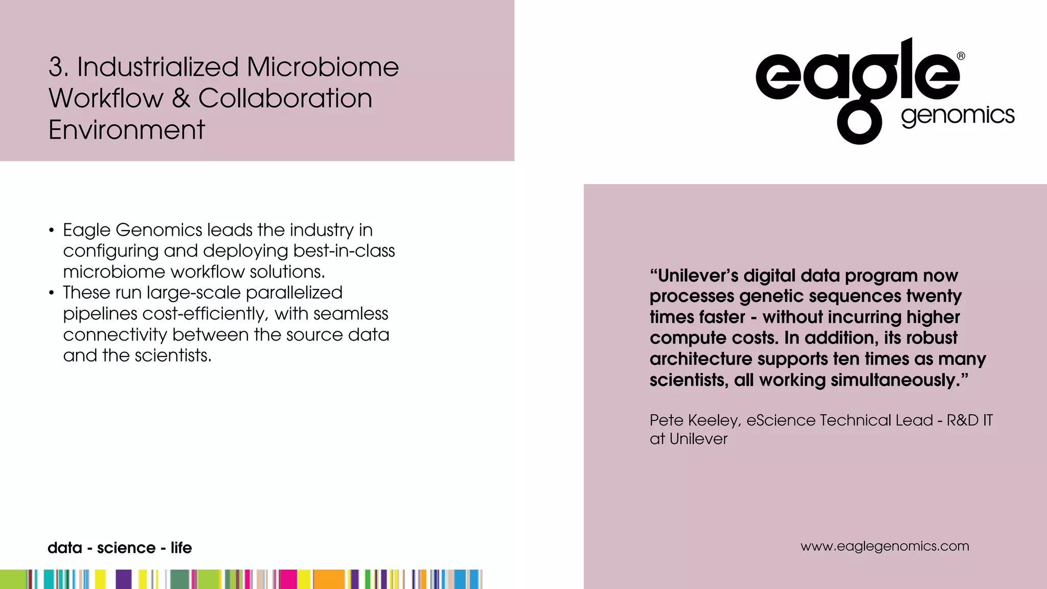 data - science - life
• Eagle Genomics leads the industry in
configuring and deploying best-in-class
microbiome workflow solutions.
• These run large-scale parallelized
pipelines cost-efficiently, with seamless
connectivity between the source data
and the scientists.
3. Industrialized Microbiome
Workflow & Collaboration
Environment
www.eaglegenomics.com
“Unilever’s digital data program now
processes genetic sequences twenty
times faster - without incurring higher
compute costs. In addition, its robust
architecture supports ten times as many
scientists, all working simultaneously.”
Pete Keeley, eScience Technical Lead - R&D IT
at Unilever
 