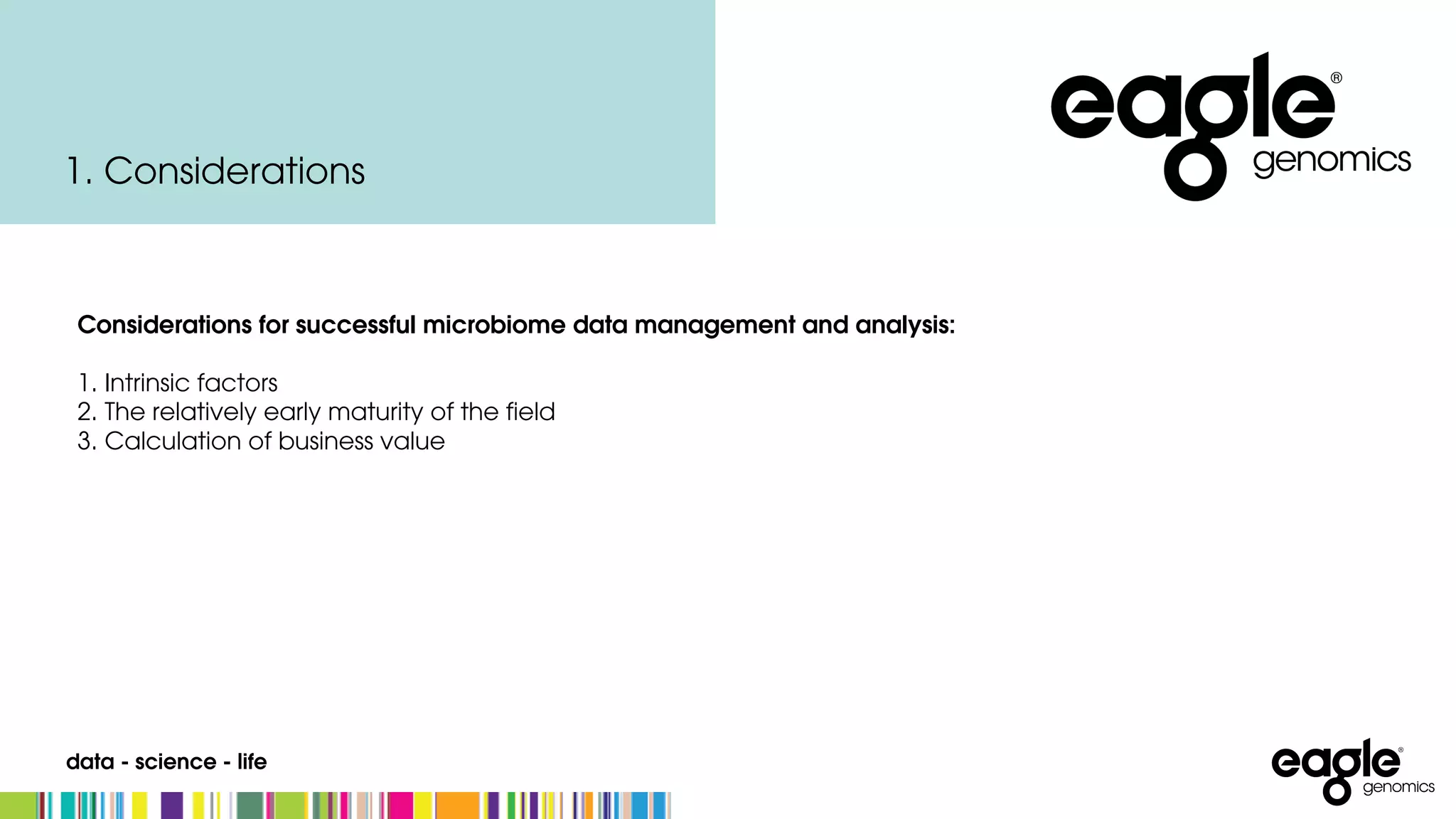 data - science - life
Considerations for successful microbiome data management and analysis:
1. Intrinsic factors
2. The relatively early maturity of the field
3. Calculation of business value
1. Considerations
 