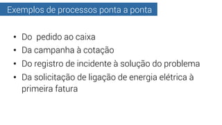 Exemplos de processos ponta a ponta
•  Do pedido ao caixa
•  Da campanha à cotação
•  Do registro de incidente à solução d...