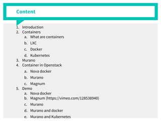 Content
1. Introduction
2. Containers
a. What are containers
b. LXC
c. Docker
d. Kubernetes
3. Murano
4. Container in Openstack
a. Nova docker
b. Murano
c. Magnum
5. Demo
a. Nova docker
b. Magnum (https://vimeo.com/128538940)
c. Murano
d. Murano and docker
e. Murano and Kubernetes
 