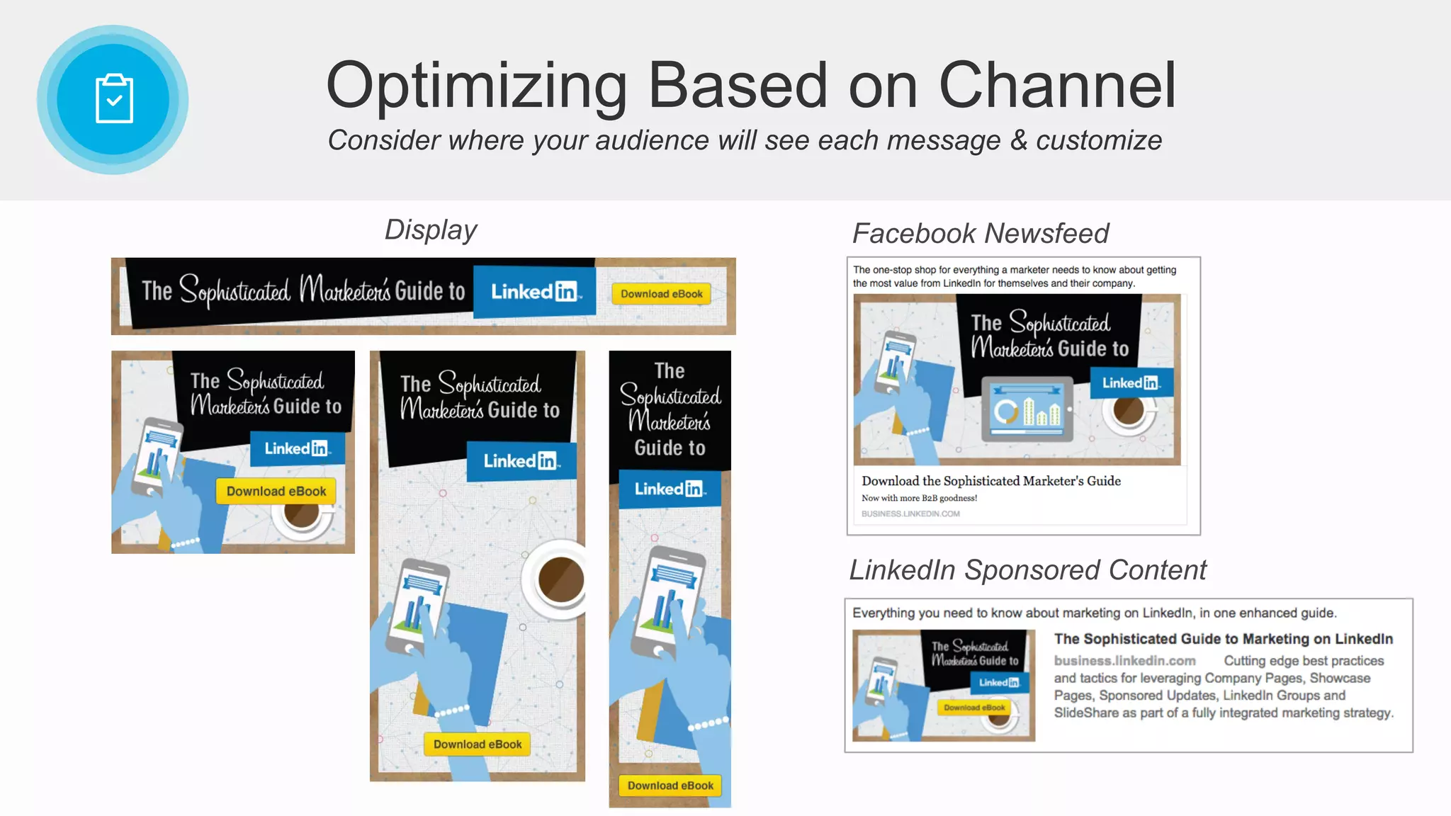 Consider where your audience will see each message & customize
Optimizing Based on Channel
Display Facebook Newsfeed
LinkedIn Sponsored Content
 