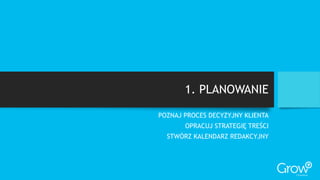 1. PLANOWANIE
POZNAJ PROCES DECYZYJNY KLIENTA
OPRACUJ STRATEGIĘ TREŚCI
STWÓRZ KALENDARZ REDAKCYJNY
 