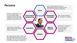 Persona
Vad inom verksamheten och
ansvarsområdet triggar
intresset för det du och ditt
företag har att erbjuda? Vilka
problem står personan inför?
Roll i organisationen? Ansvar och
befogenheter? Rapporteringslinje? Man
eller kvinna? Utbildning? Erfarenhet?
Vilka kriterier utvärderas i
valet av lösning och
leverantör? Vilka
nyckelfaktorer är
avgörande?
Vilket resultat förväntas?
Hur utvärderas framgång?
Vad hindrar en förändring?
Vilka hinder finns för att välja
dig/ditt erbjudande?
UTMANINGAR
DRIVKRAFTER
FRAMGÅNGS-
FAKTORER
BARRIÄRER
KÖPRESA
BESLUTS-
KRITERIA
PROFIL
Var i köpprocessen möter vi våra olika
personas? Vad är personans roll i köp-
processen? Var och hur samlar personan
information, kunskap och inspiration?
 