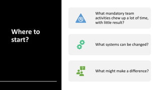 Where to
start?
What mandatory team
activities chew up a lot of time,
with little result?
What systems can be changed?
What might make a difference?
 