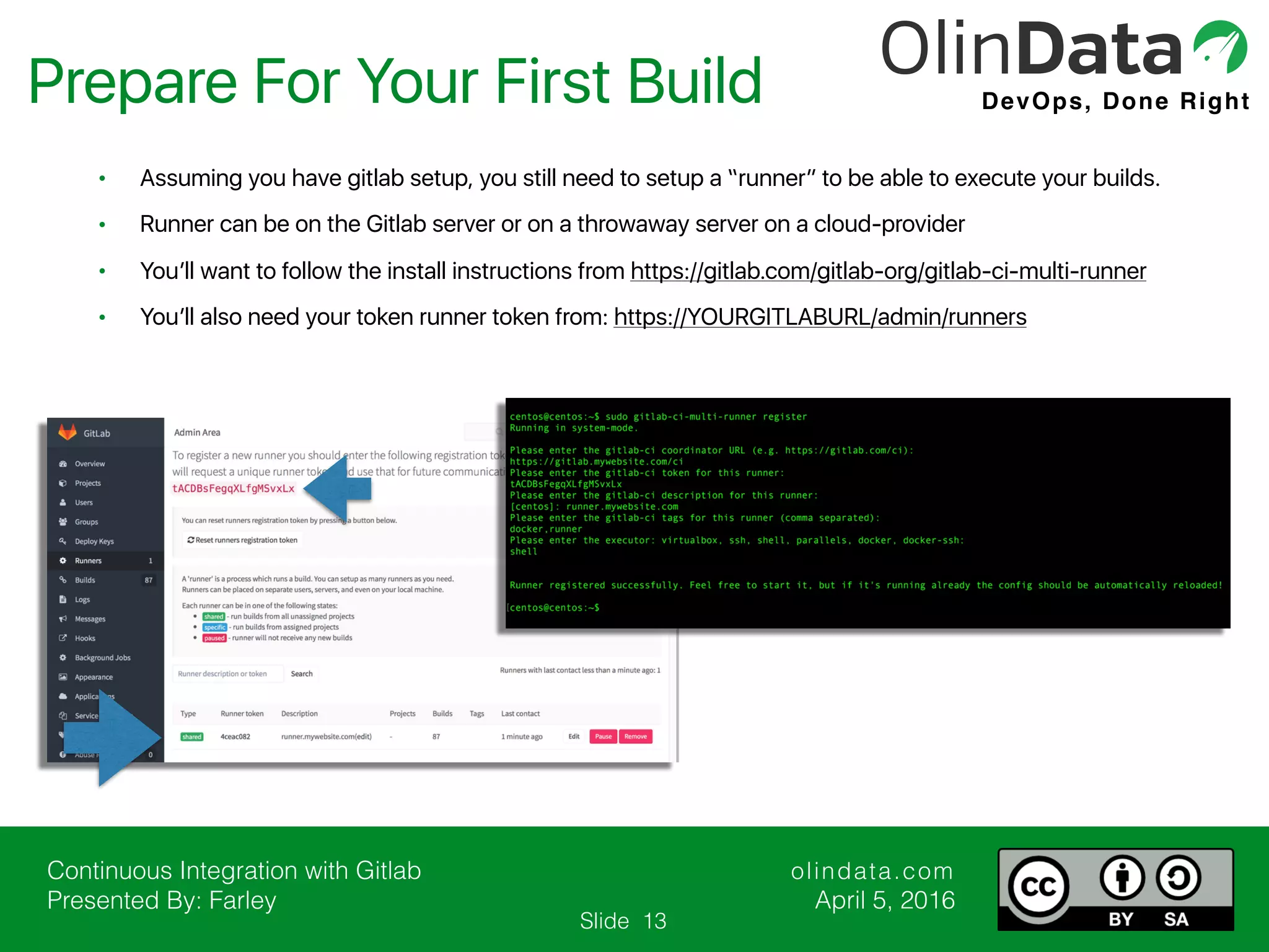 Continuous Integration with Gitlab Presented By: Farley olindata.com April 5, 2016 DevOps, Done Right Slide • Assuming you have gitlab setup, you still need to setup a “runner” to be able to execute your builds. • Runner can be on the Gitlab server or on a throwaway server on a cloud-provider • You’ll want to follow the install instructions from https://gitlab.com/gitlab-org/gitlab-ci-multi-runner • You’ll also need your token runner token from: https://YOURGITLABURL/admin/runners Prepare For Your First Build 13 